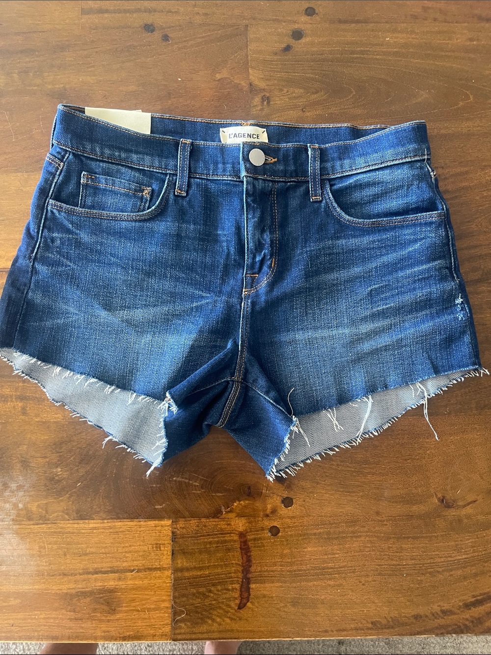 NWT L'AGENCE AUDREY Indigo Frayed Hem Denim Shorts